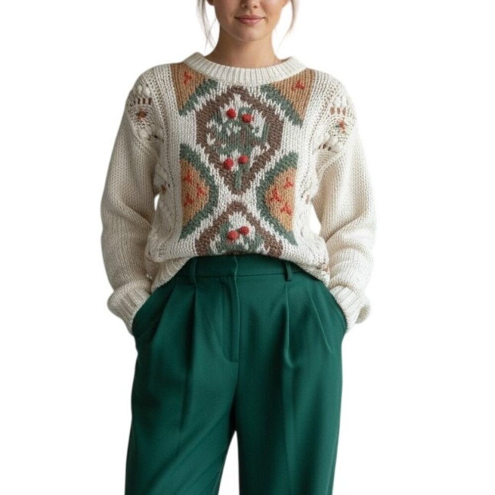 Vintage 80s Cream Chunky Knit Intarsia Folk Floral Bobble Pullover Sweater S